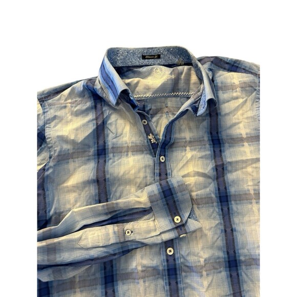 Bugatchi Uomo Men's Blue Linen Plaid Short Sleeve Classic Fit Button Up L Shirt - Picture 1 of 15